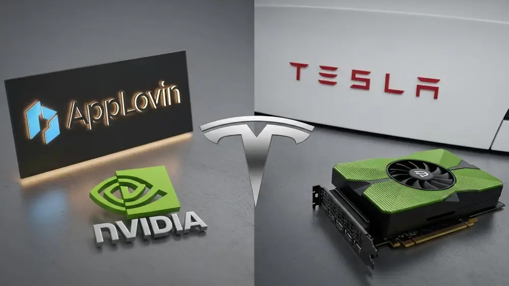 미국 앱러빈, 엔비디아, 테슬라 회사의 로고가 어우러짐