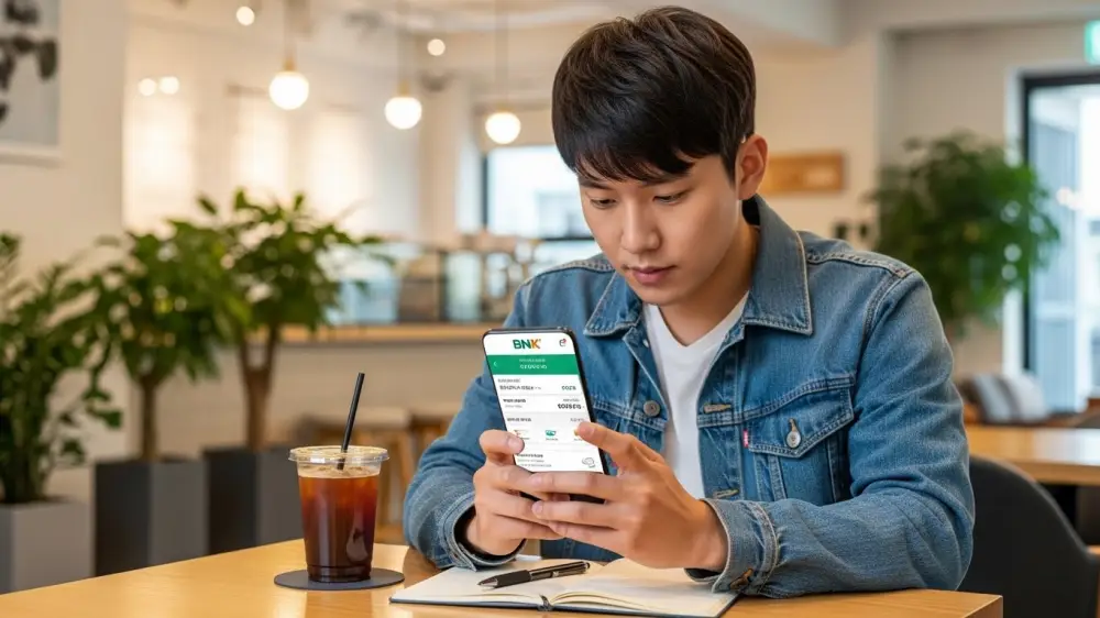 모바일로 예금을 조회하고 있는 청년