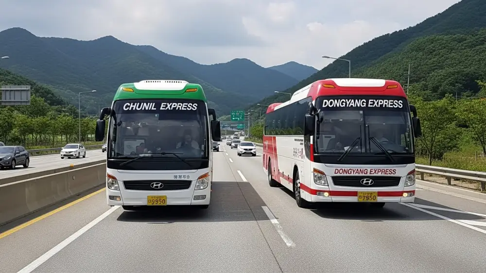 고속터미널 관련주인 동양고속과 천일고속이 고속도로를 달리는 광경