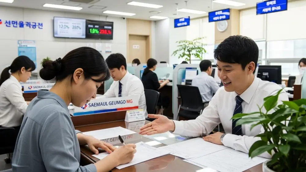 고객에게 새마을금고 예금금리를 설명중