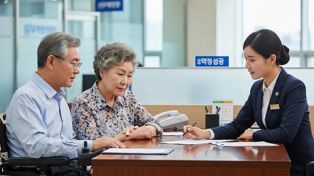 노년 장애인이 비과세 종합저축 상담하고 있음