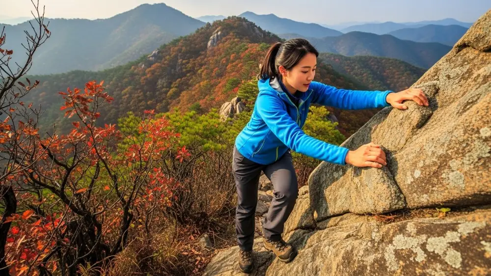 암벽 등산을 하는 젊은 여성