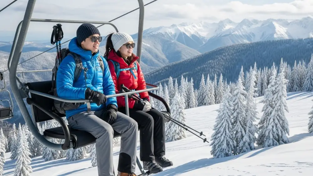 남부 지방 겨울 눈꽃산행 중 리프트 이동