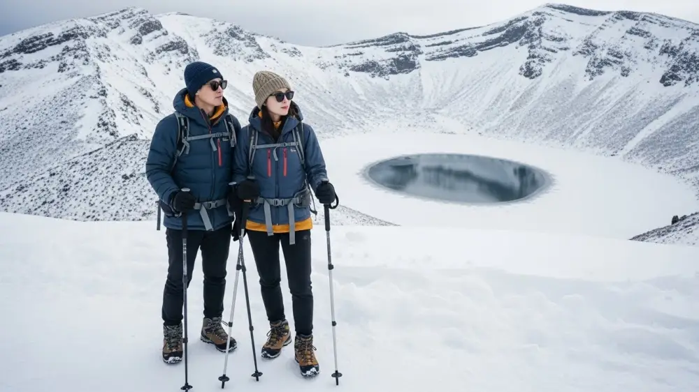 사진 찍기 좋은 겨울 눈꽃산행 중 사진 촬영을 하고 있음