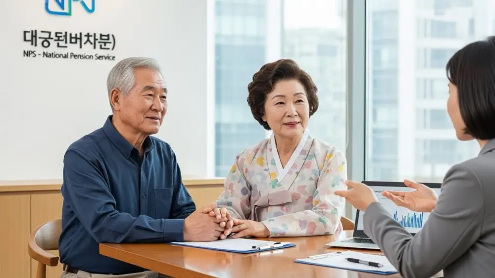 2026년 기초연금 소득인정액이 상승하여 상담을 받고 있는 노부부