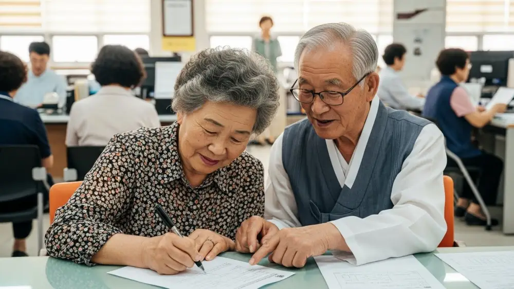 기초연금 준비 체크리스트 서류에 서명하는 노부부