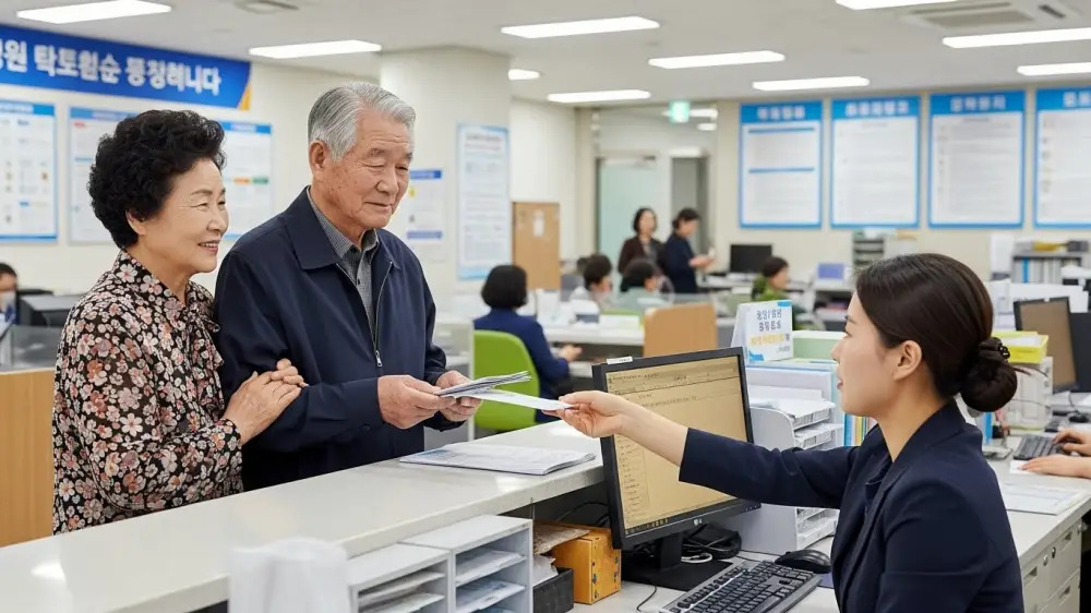 기초연금 준비 체크리스트를 상담중인 노부부