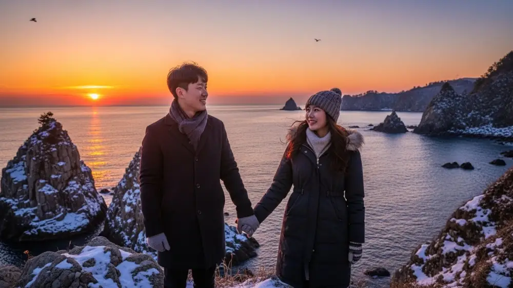 연인과 함께 하는 동해 겨울 바다 일출
