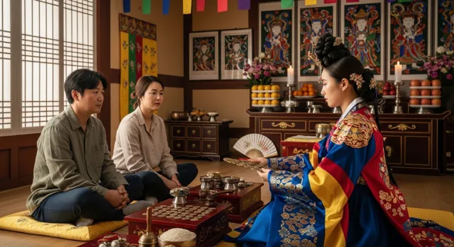 손님에게 점을 보는 광경