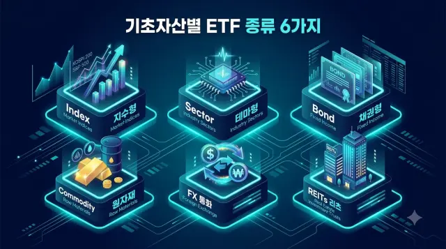 기초자산별 6가지 ETF 종류 일러스트