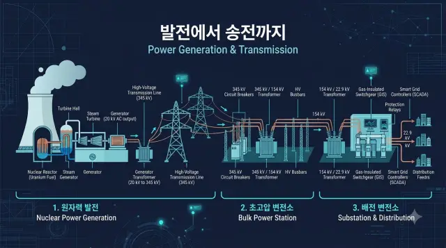 발전에서 송전까지 단계를 보여주는 일러스트
