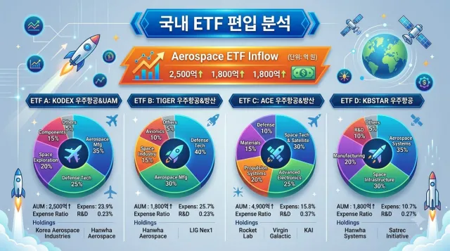 국내 우주항공 ETF 편입 비중 및 성과 비교