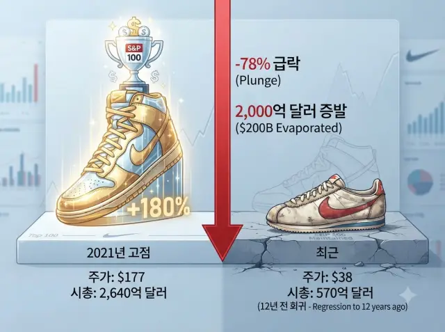 나이키 시가총액 증발 및 밸류에이션 비교